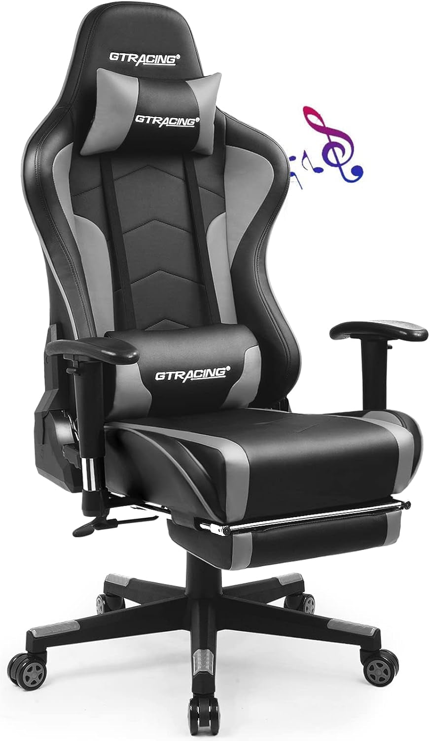 Gaming Chair with Footrest Speakers Video Game Chair Bluetooth Music Heavy Duty Ergonomic Computer Office Desk Chair (Gray)-0
