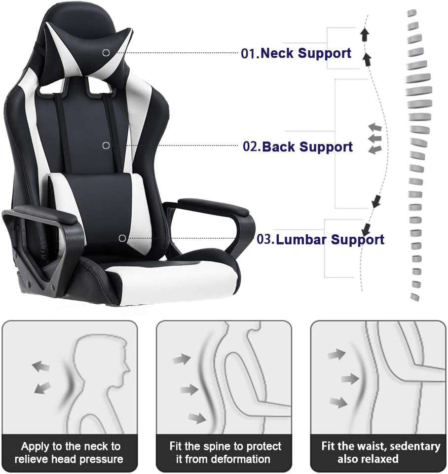 Ergonomic Gaming Chair with Lumbar Support (White)-2