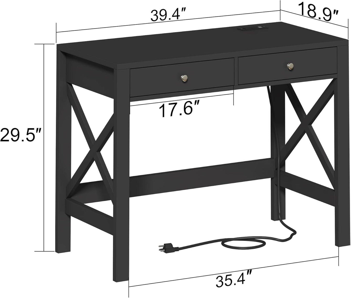 Computer Desk with USB Charging Ports and Power Outlets, 39" Black