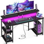 55 Inch Gaming Desk with LED Lights & Power Outlets, Computer Desk with Monitor Stand & Storage Shelves, CPU Stand, Home Office Desk, Black-0