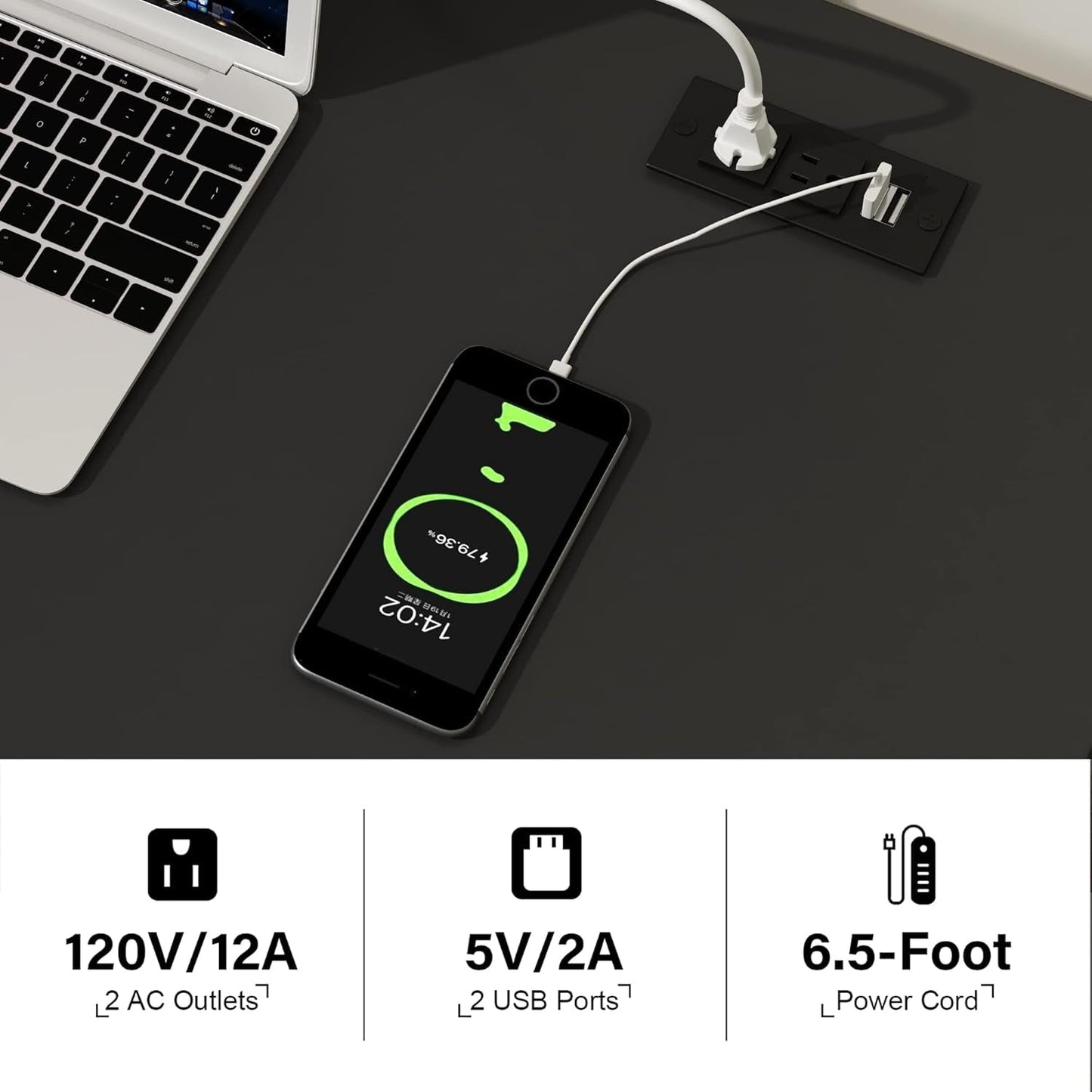 Computer Desk with USB Charging Ports and Power Outlets, 39" Black