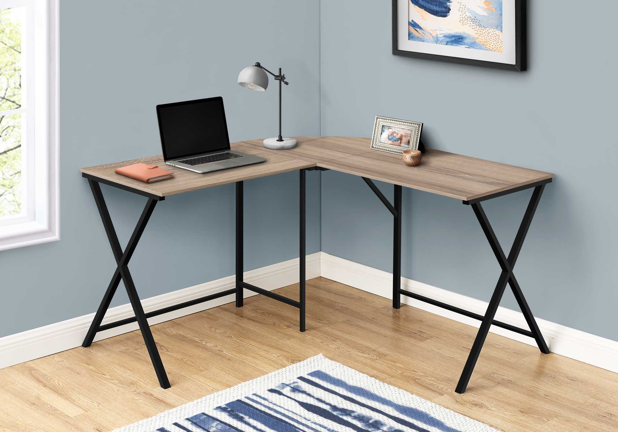 55inches Dark Taupe Top and Black Metal Corner Computer Desk