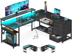 61" L Shaped Desk with Drawer, Computer Desk with Power Outlets & LED