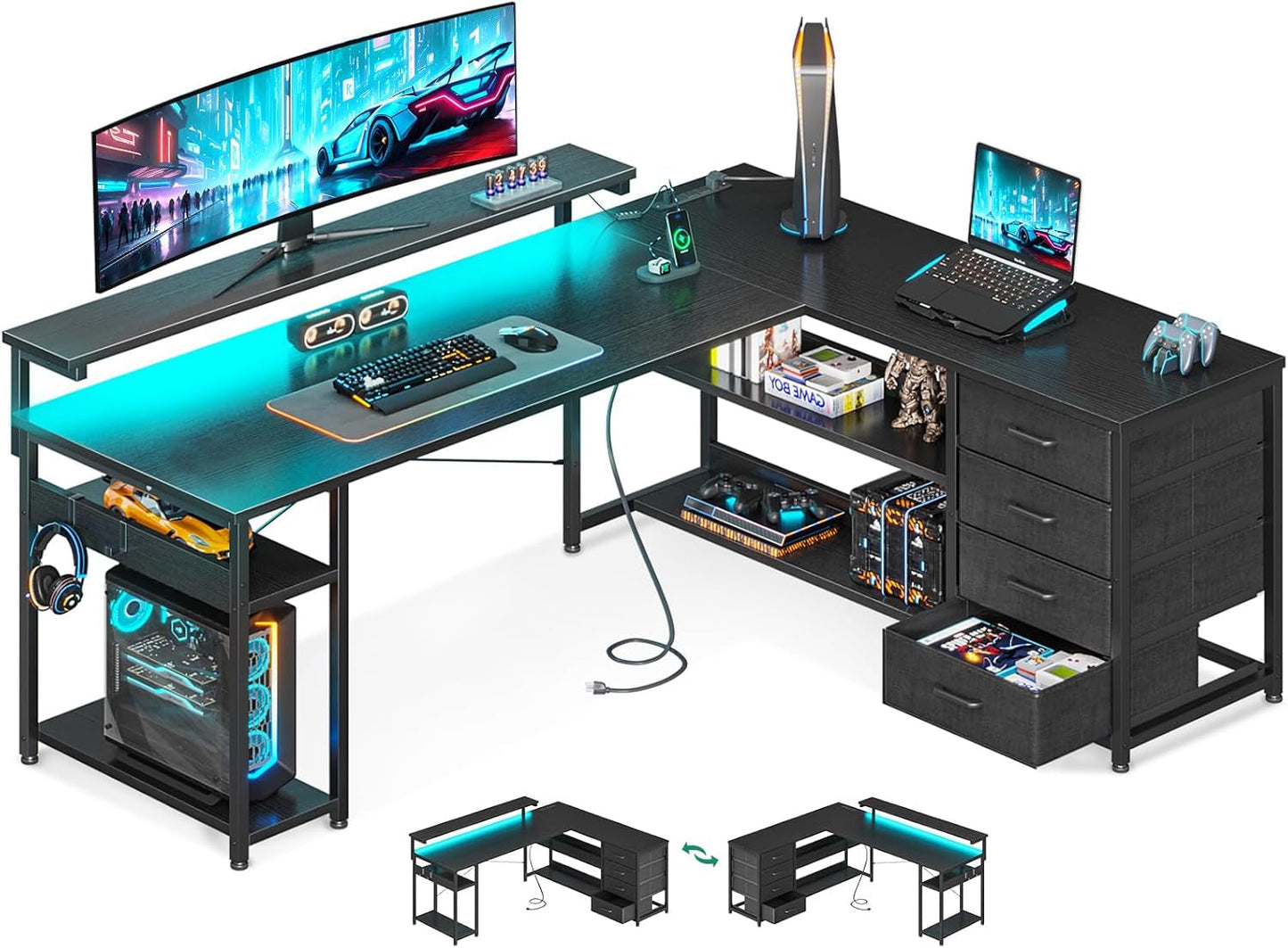 61" L Shaped Desk with Drawer, Computer Desk with Power Outlets & LED