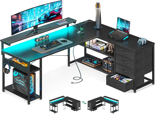 61" L Shaped Desk with Drawer, Computer Desk with Power Outlets & LED