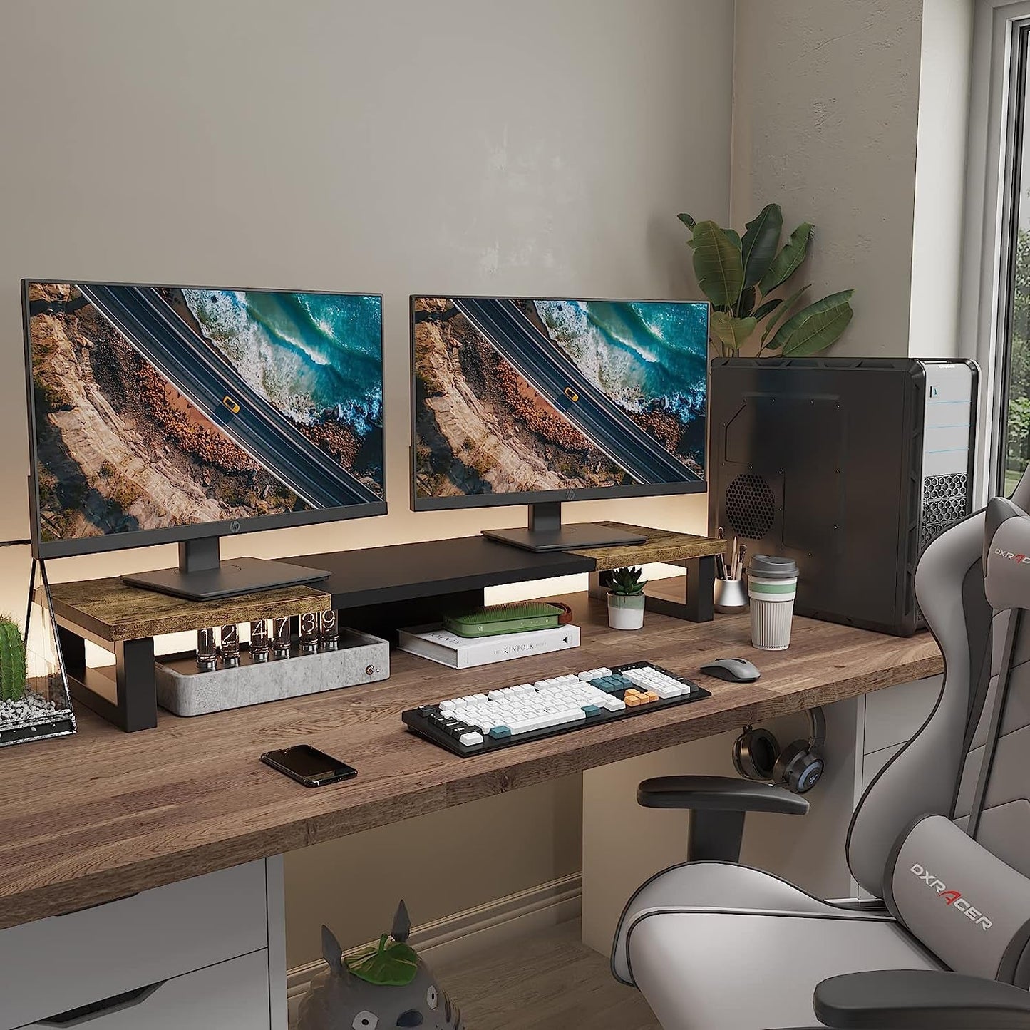 Dual Monitor Stand Riser, Wood and Steel Monitor Stand Riser, Computer