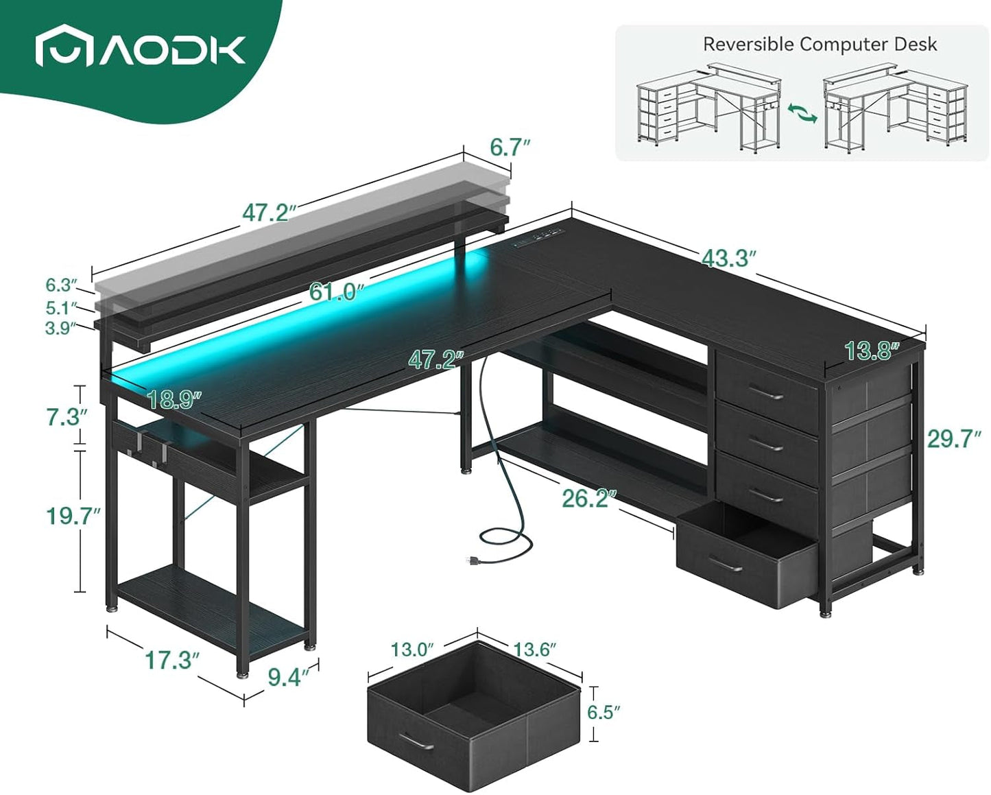 61" L Shaped Desk with Drawer, Computer Desk with Power Outlets & LED