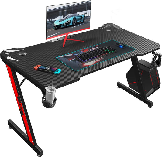 Gaming Desk, Computer Desk with Carbon Fiber Surface, Gaming Table Z Shaped PC Gaming Workstation Home Office Desks with Cup Holder and Headphone Hook (44 Inch, Black)-0