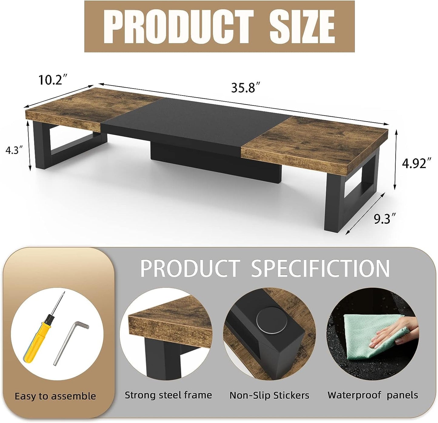 Dual Monitor Stand Riser, Wood and Steel Monitor Stand Riser, Computer