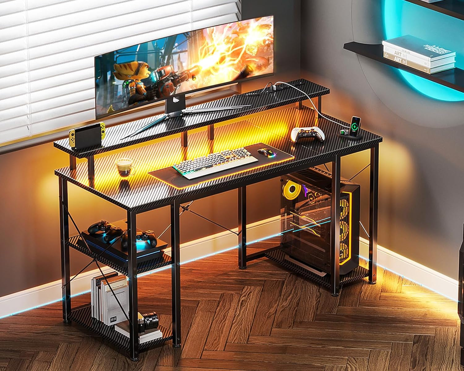 48 Inch Computer Desk with Power Outlets & LED Lights, Gaming Desk