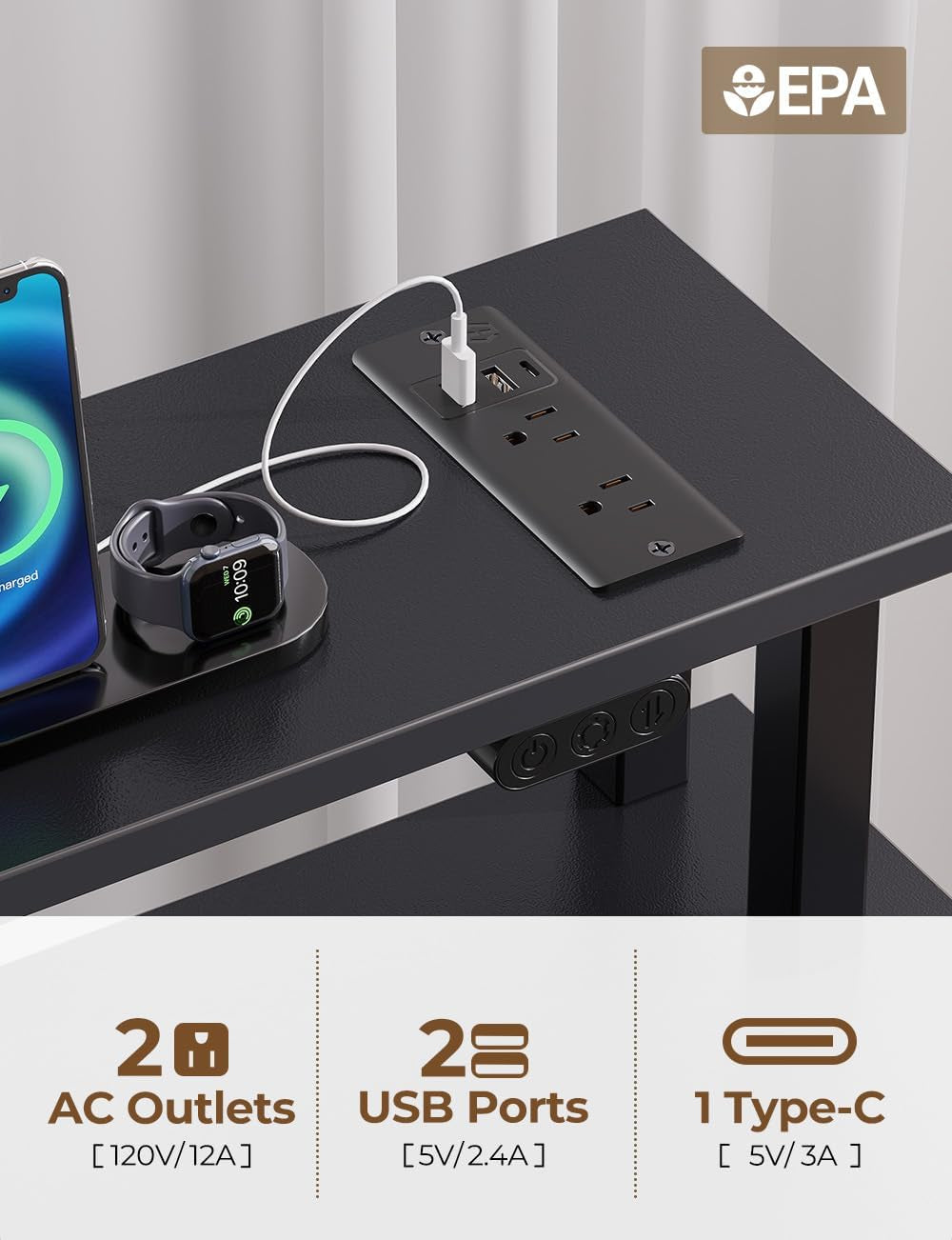 Computer Desk with Power Outlets & LED Light, 39 Inch Home Office Desk