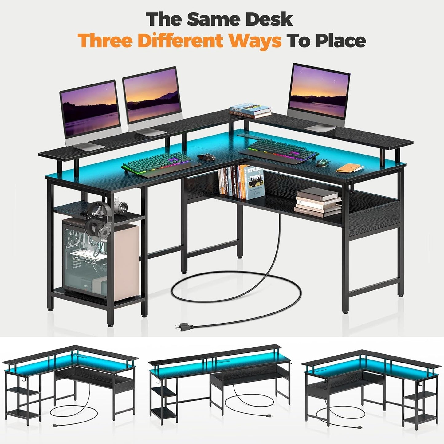 Computer Desk L Shaped 56.7" with LED Lights and Power Outlets,