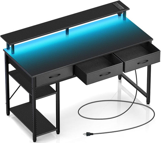Computer Desk with Power Outlets & LED Light, 47 Inch Home Office Desk