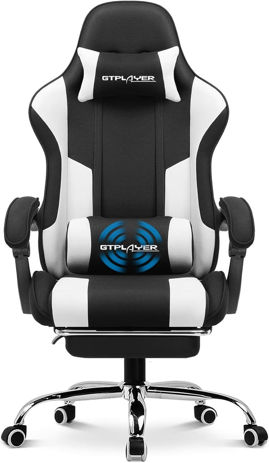 Gaming Chair, Computer Chair with Footrest and Lumbar Support, Height Adjustable Game Chair with 360°-Swivel Seat and Headrest and for Office or Gaming (Fabric, Black & Light Gray)-0