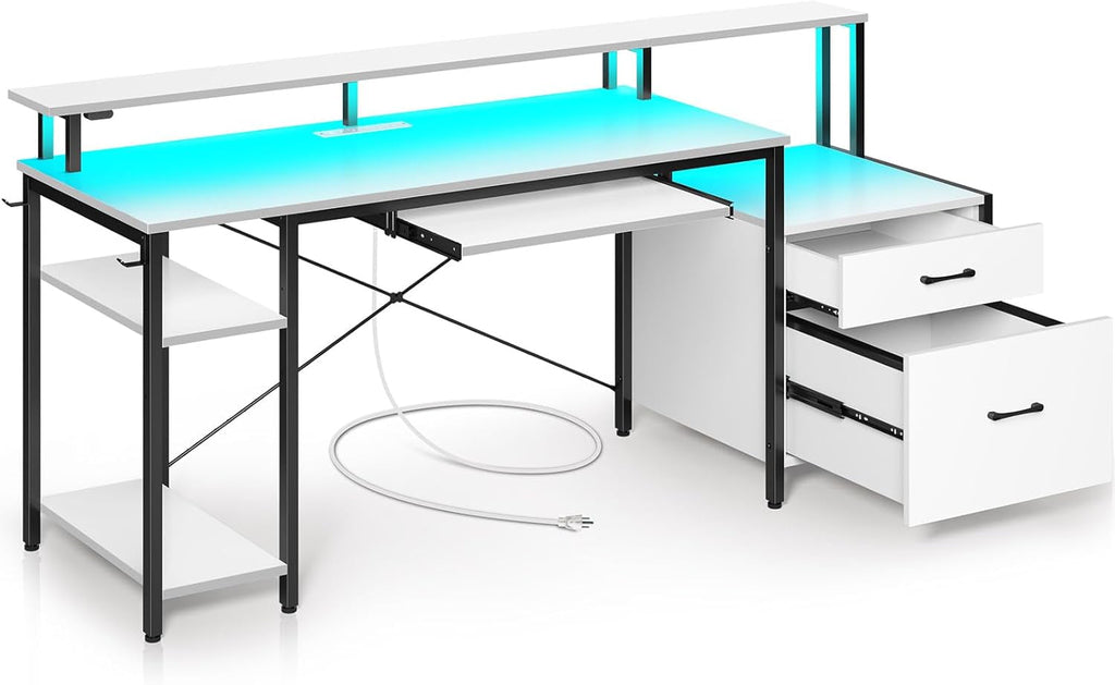Spacious Computer Desk with LED Light and Storage-0