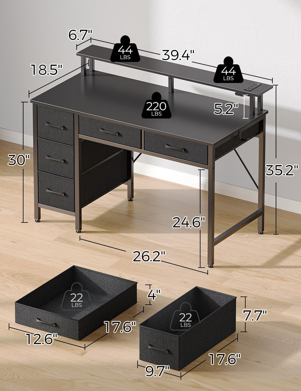Computer Desk with Power Outlets & LED Light, 39 Inch Home Office Desk