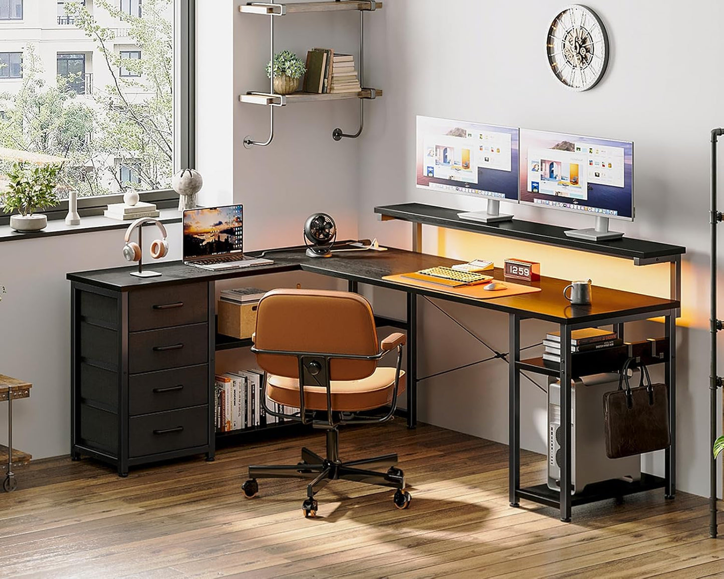 61" L Shaped Desk with Drawer, Computer Desk with Power Outlets & LED