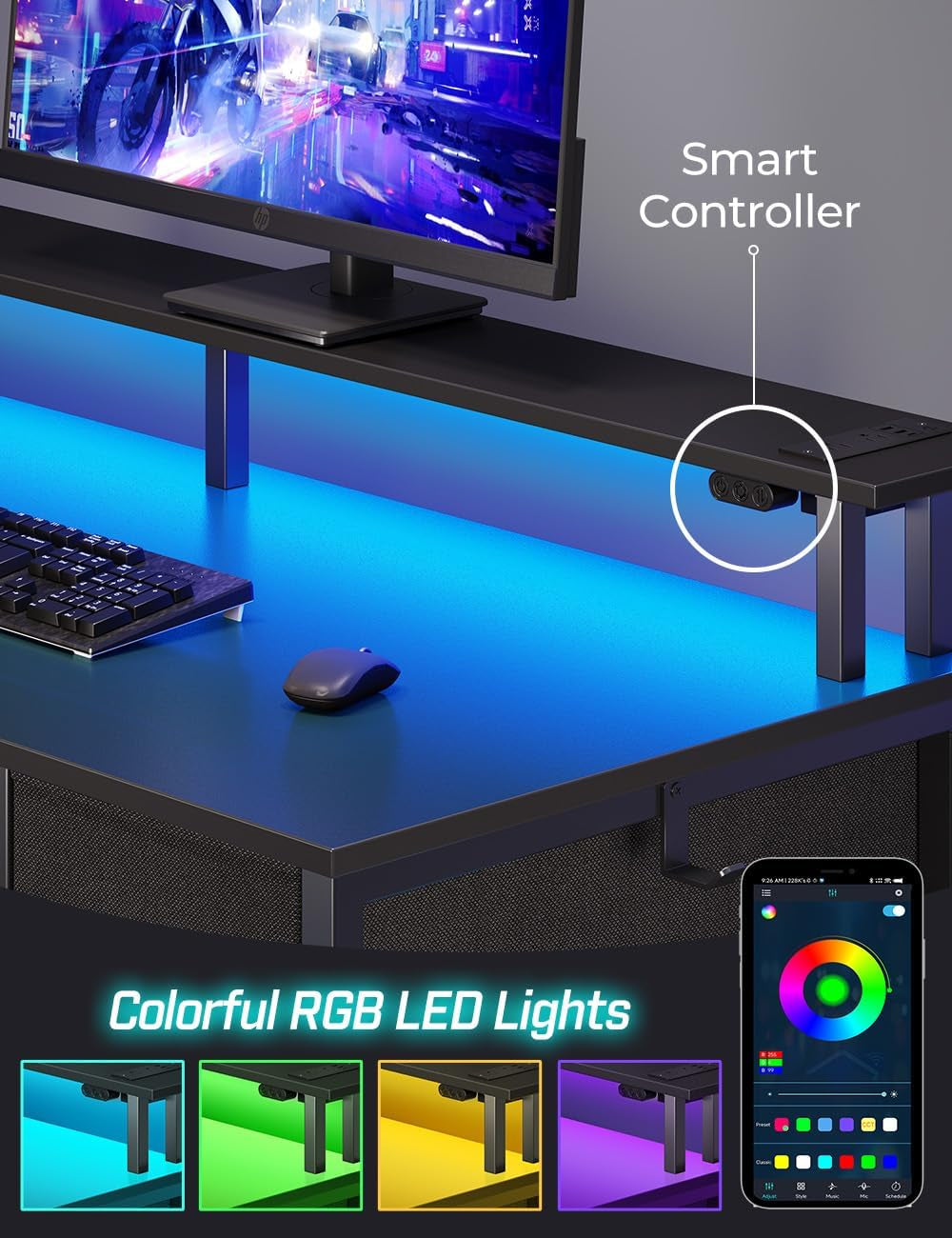 Computer Desk with Power Outlets & LED Light, 39 Inch Home Office Desk