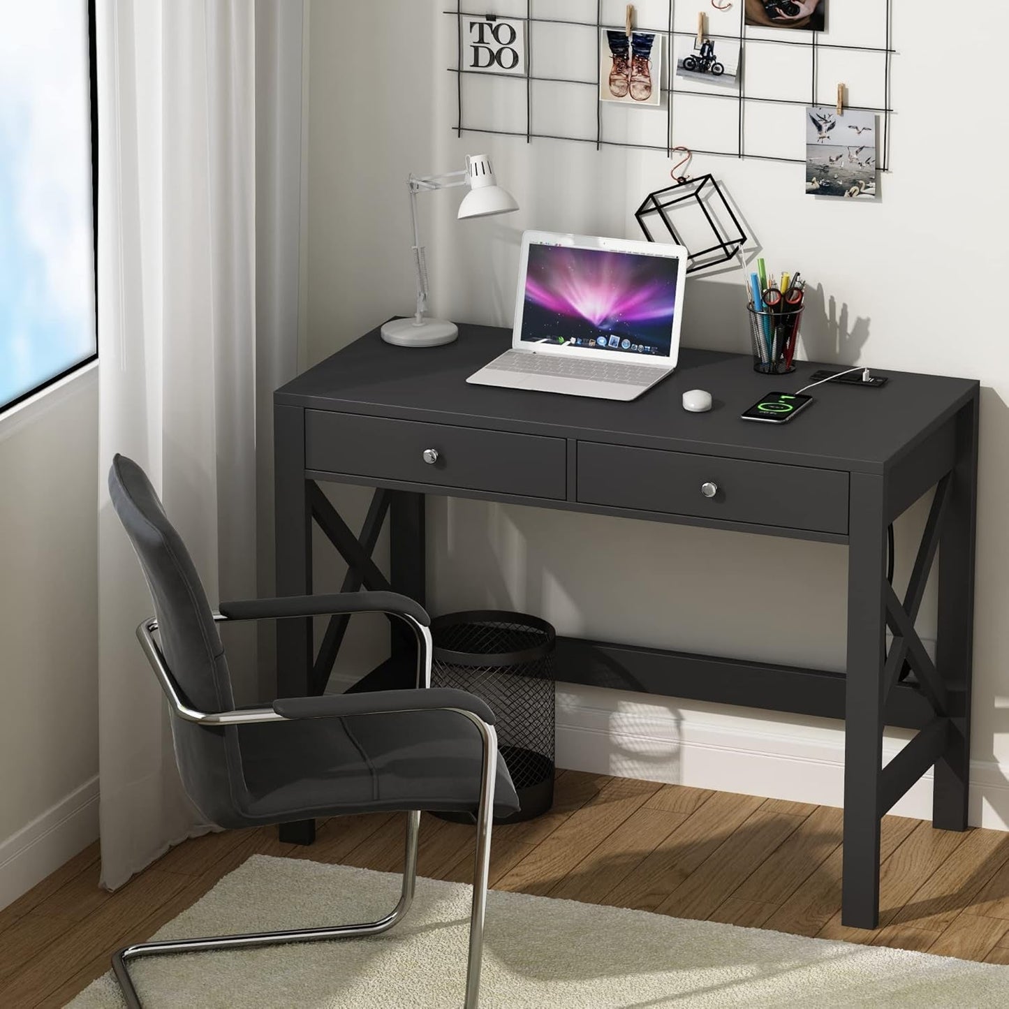 Computer Desk with USB Charging Ports and Power Outlets, 39" Black