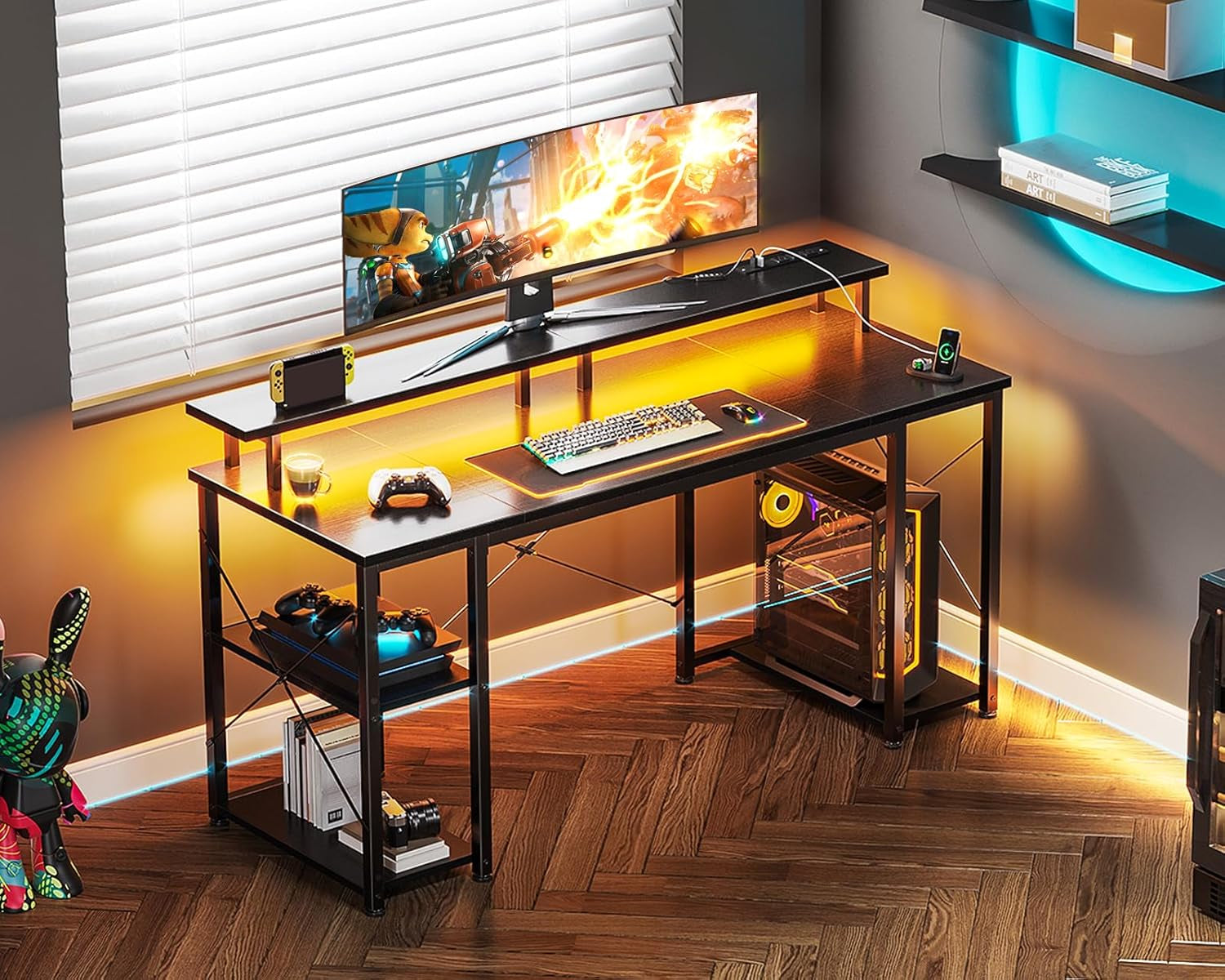 55 Inch Gaming Desk with LED Lights & Power Outlets, Computer Desk with Monitor Stand & Storage Shelves, CPU Stand, Home Office Desk, Black-1