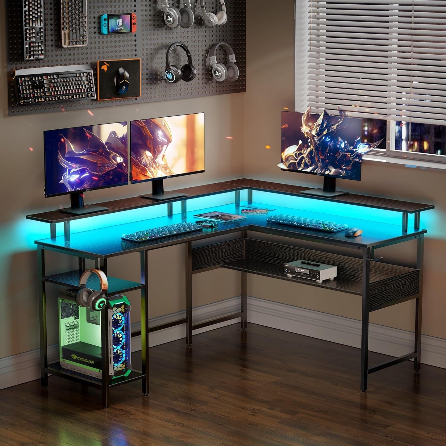 Computer Desk L Shaped 56.7" with LED Lights and Power Outlets,