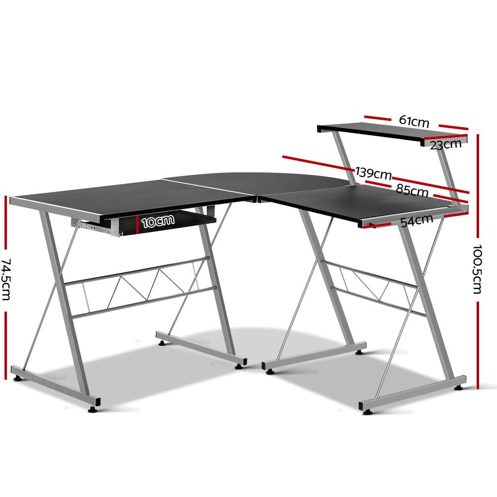 Artiss Computer Desk L-Shape Keyboard Tray Shelf Black