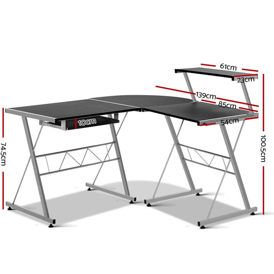 Artiss Computer Desk L-Shape Keyboard Tray Shelf Black
