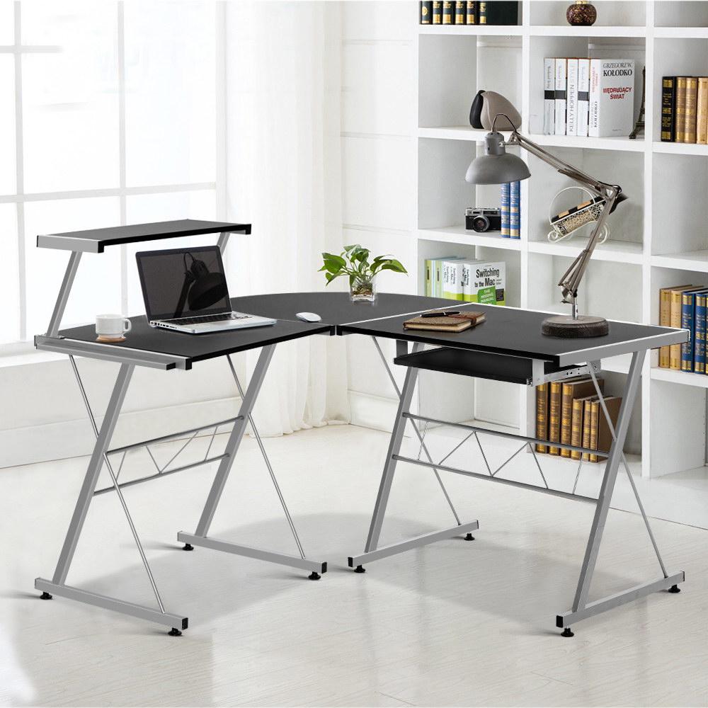 Artiss Computer Desk L-Shape Keyboard Tray Shelf Black