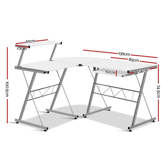 Artiss Computer Desk L-Shape Keyboard Tray Shelf White
