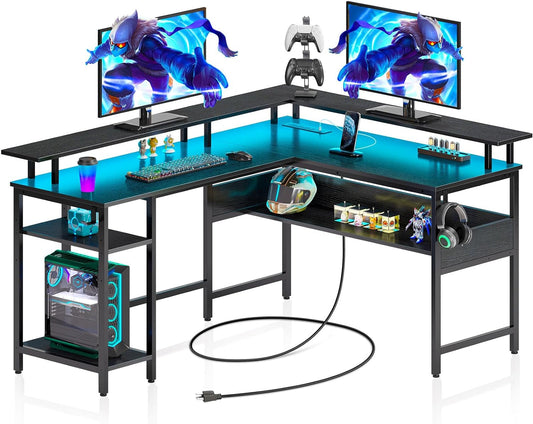 Computer Desk L Shaped 56.7" with LED Lights and Power Outlets,