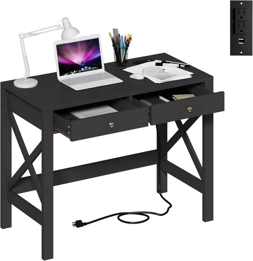Computer Desk with USB Charging Ports and Power Outlets, 39" Black