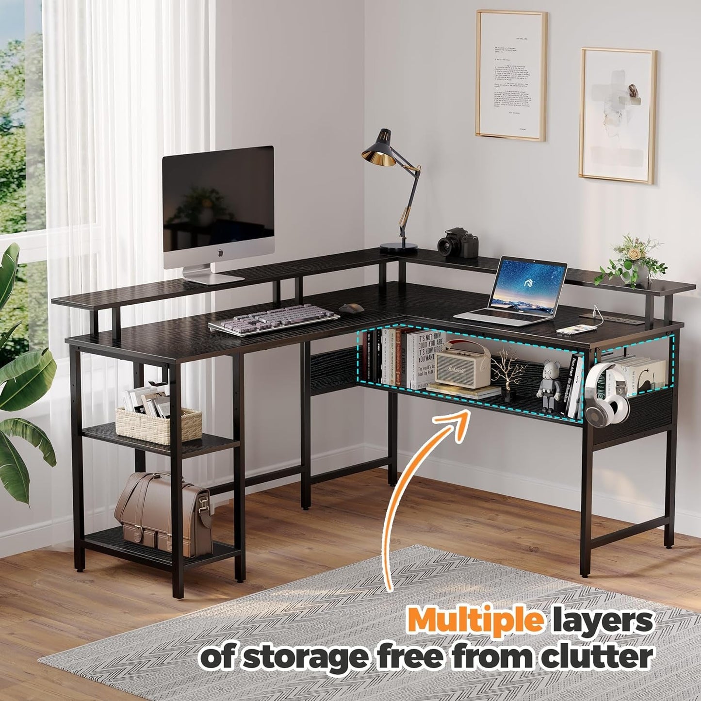 Computer Desk L Shaped 56.7" with LED Lights and Power Outlets,