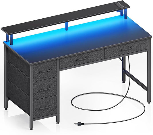 Computer Desk with Power Outlets & LED Light, 39 Inch Home Office Desk