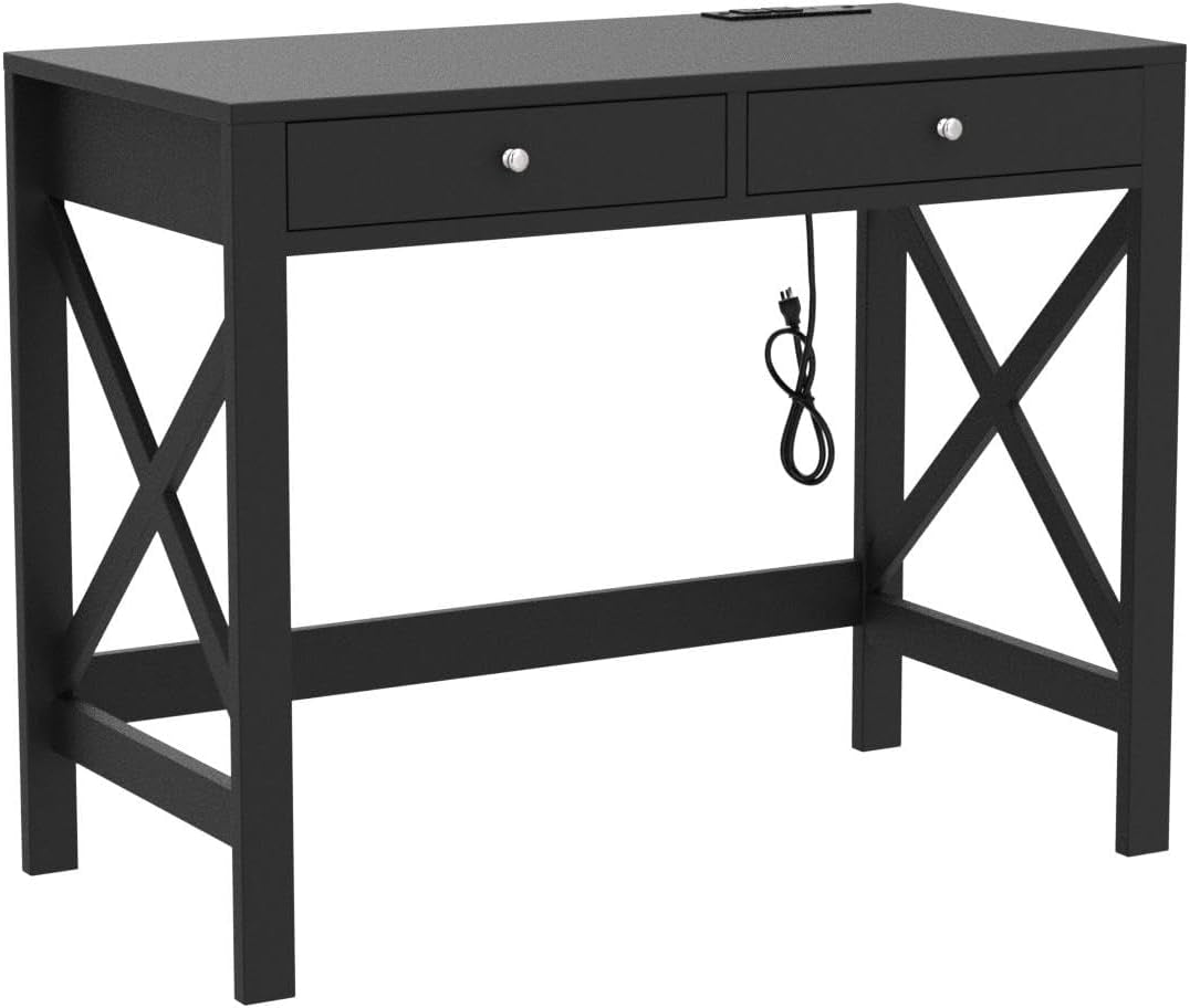 Computer Desk with USB Charging Ports and Power Outlets, 39" Black