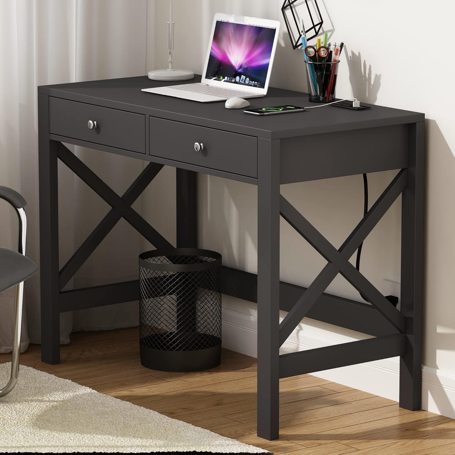 Computer Desk with USB Charging Ports and Power Outlets, 39" Black