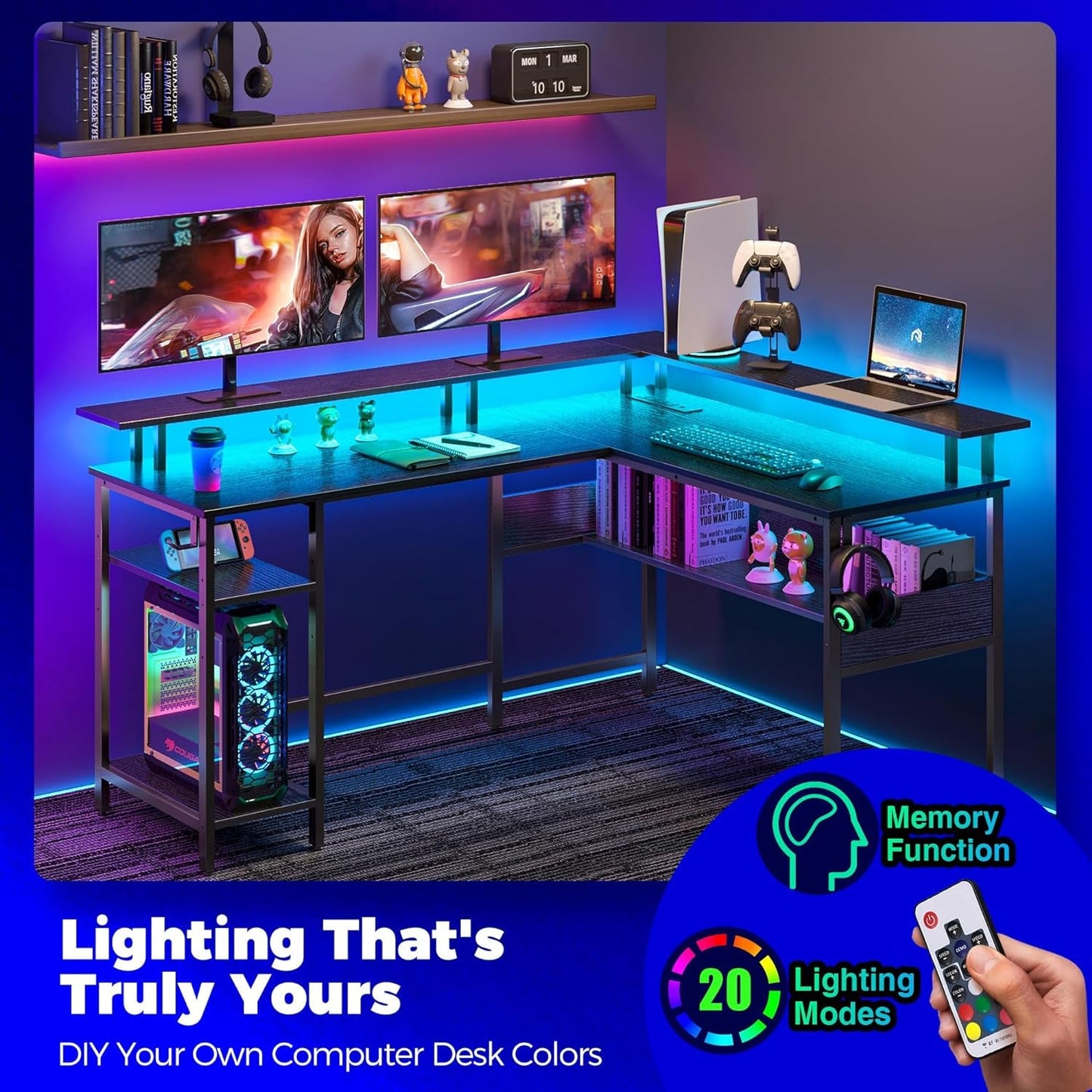 Computer Desk L Shaped 56.7" with LED Lights and Power Outlets,
