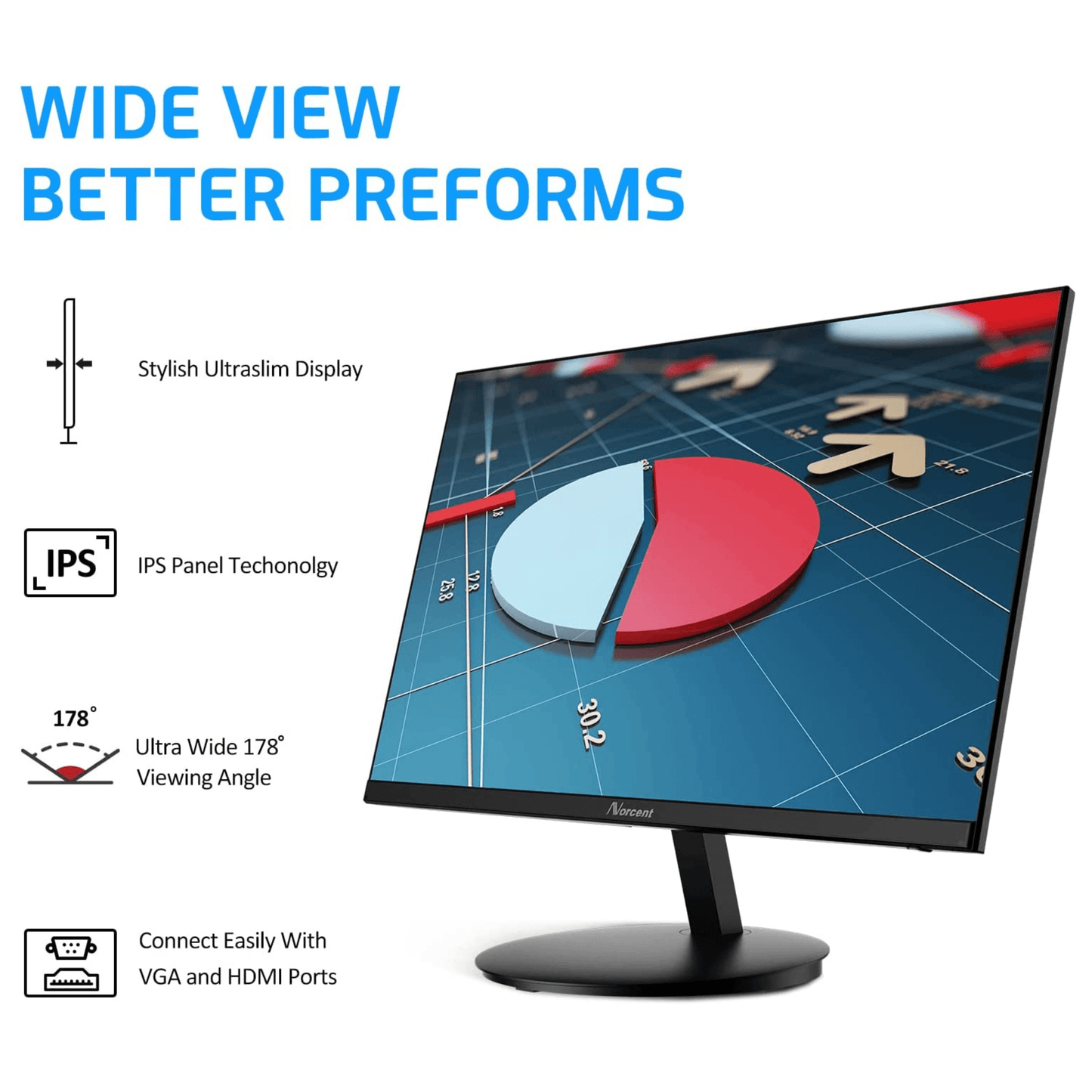 Norcent 24 Inch Frameless Computer Monitor FHD 75HZ VA with Built-In S