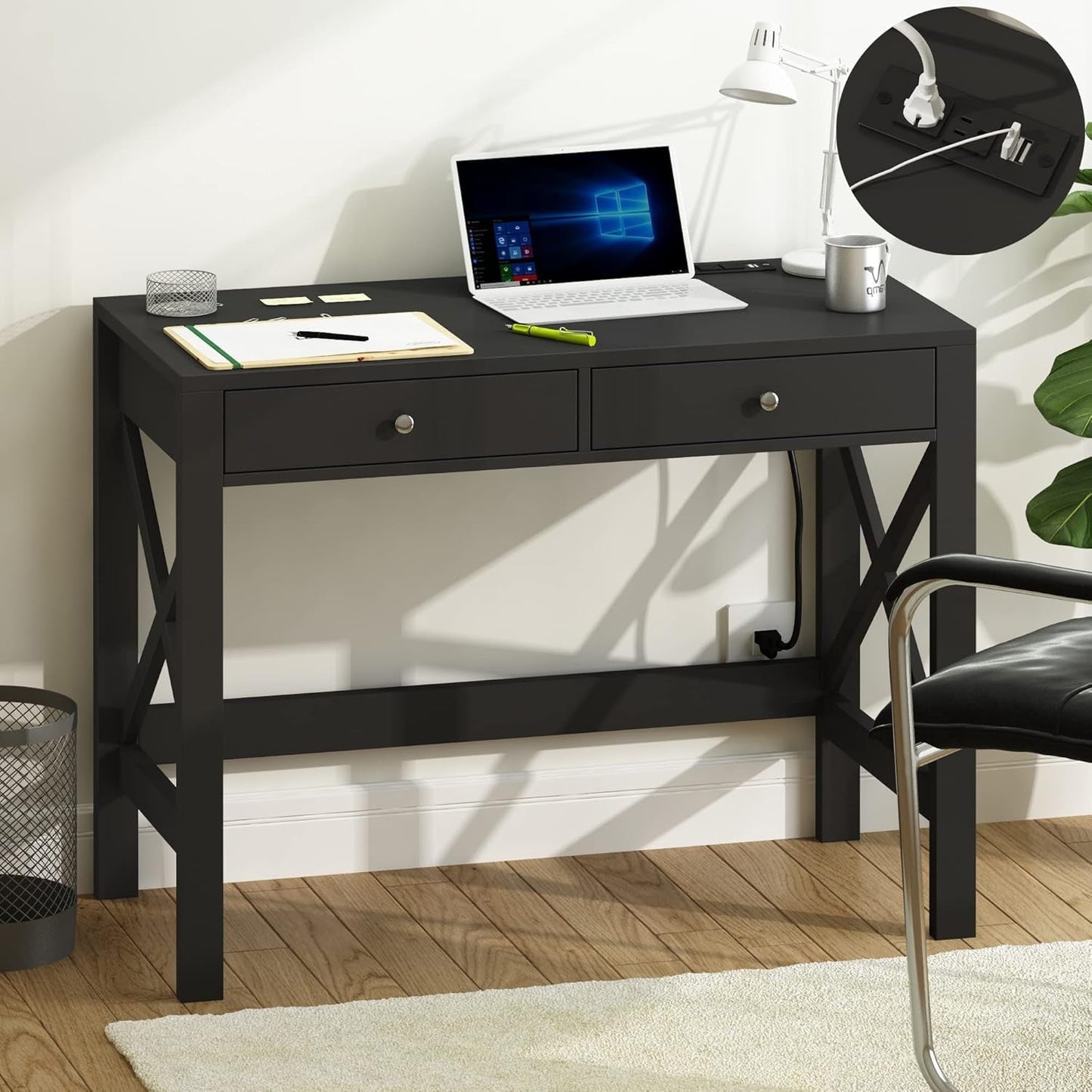 Computer Desk with USB Charging Ports and Power Outlets, 39" Black