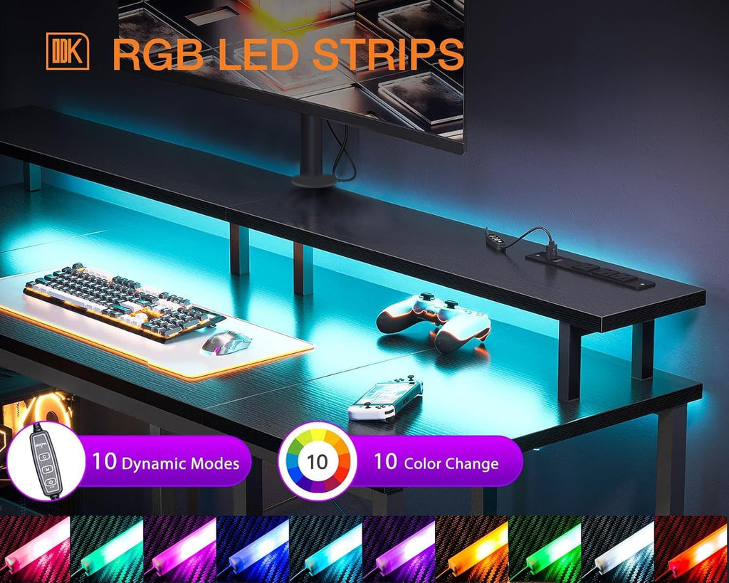 55 Inch Gaming Desk with LED Lights & Power Outlets, Computer Desk with Monitor Stand & Storage Shelves, CPU Stand, Home Office Desk, Black-3