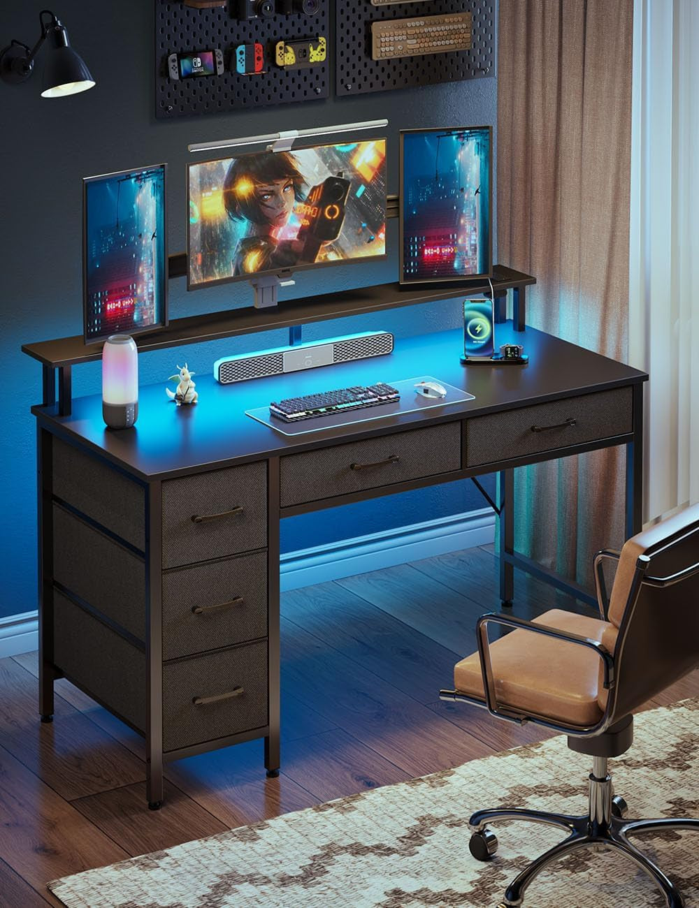 Computer Desk with Power Outlets & LED Light, 39 Inch Home Office Desk